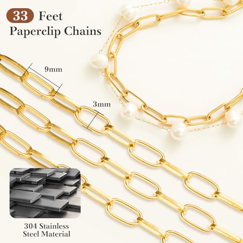 33 Ft 18k Gold Stainless Steel Paperclip Chains Roll - 3mm Width, Gold Plated Chain with Jump Rings & Lobster Clasps - color: 18K Gold Stainless Steel Paperclip Chains 33 Ft