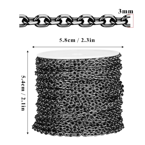 66 Feet Black Rolo Cable Chain Bulk, 3.0mm 304 Stainless Steel Gunmetal Black Diamond-Cut Oval Rolo Cable Link Chains Roll Spool for Jewelry Making - color: Gunmetal Black, size: 3.0mm width