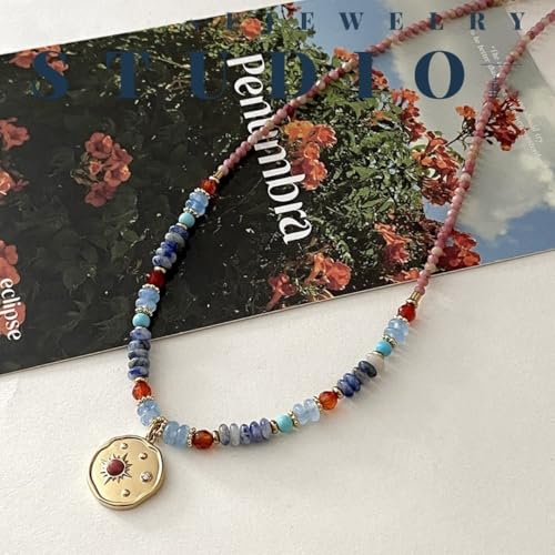 Handmade Natural Gemstone Beaded Necklace for Women, Cultured Freshwater Pearl Choker with Adjustable Extension Chain, Boho Healing Crystal Jewelry Collection - color: f Colorful