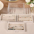CLUQMEIK Necklace Organizer Box with Clear Lid, Dustproof Velvet Jewelry Holder Storage Display Case, Stackable Acrylic Necklace Tray Drawer Insert for Women and Girls (Beige,3 Drawers) - color: BEIGE-3Layer