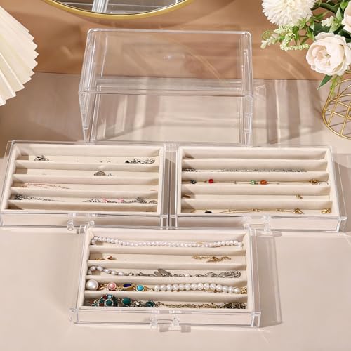 CLUQMEIK Necklace Organizer Box with Clear Lid, Dustproof Velvet Jewelry Holder Storage Display Case, Stackable Acrylic Necklace Tray Drawer Insert for Women and Girls (Beige,3 Drawers) - color: BEIGE-3Layer