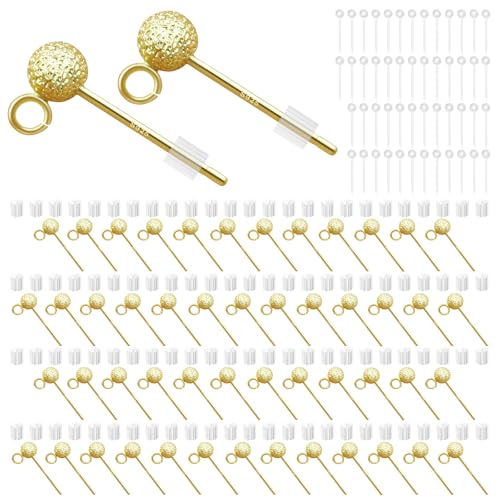 14K Gold Plated Ball Earring Posts Hypoallergenic Earring Studs Ball Ear Pin with 925 Sterling Silver Post for DIY Jewelry Making Findings - color: A Style-14K Gold Dull Polish Ball