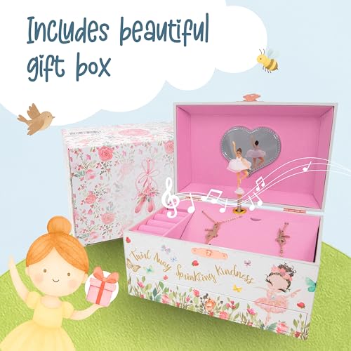 The Memory Building Co Ballerina Musical Jewelry Box Plays Classic Melody, Storage Organizer Music Box for Kids Ages 6-12, MDF Wood w/ 2 Fabric Lined Ring Bracelet Necklace Treasure Compartments - style: Ballerina