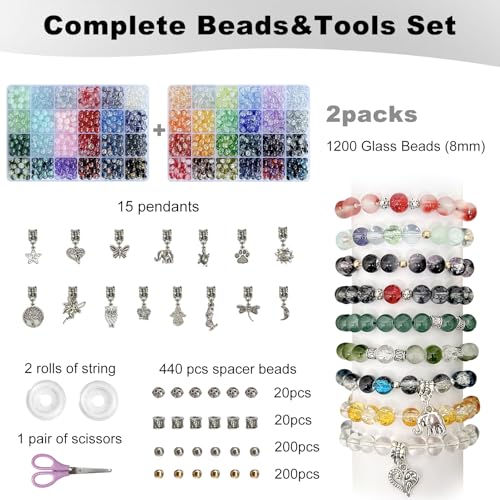 Rujiaoa Bracelet Making Kit for Adults – 8mm Crackle Glass Beads Set, 1200PCS DIY Beads for Jewelry Making & Gifts