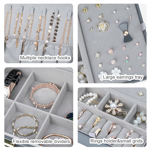 Travel Jewelry Case Large Jewelry Box Jewelry Travel Organizer Jewelry Case with Handle Removable Tray Best Gift for Women Girls (Grey) - color: Grey