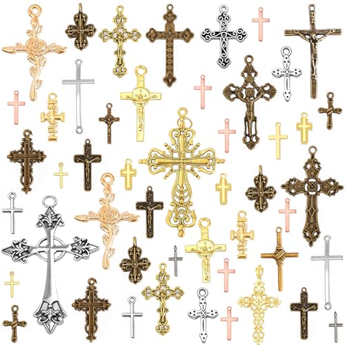 stino 100 Gram Metal Charms for Jewelry Making, Silver & Gold Plated, Bulk Pack for Bracelets, Necklaces, Crafts - color: Cross Mixed Color