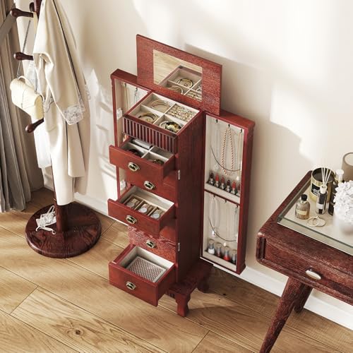 Giantex Standing Jewelry Cabinet with 7 Drawers, Flip-Top Mirror, 2 Side Doors with 12 Necklace Hooks, Divided Ring Compartments, Velvet-Lined Jewelry Armoire Organizer Chest (Cherry)