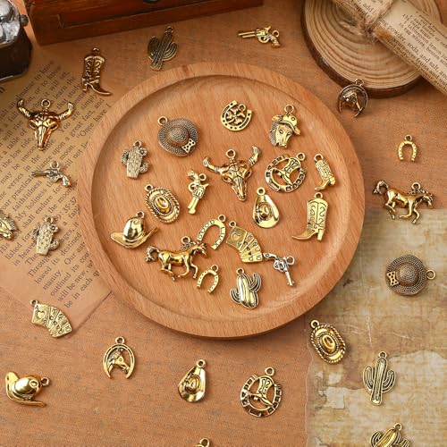MARFOREVER 40 Pcs/20 Pairs Western Cowboy Cowgirl Charms for Jewelry Making, Antique Gold Dangle Charm Boot Hat Horse Cactus Pendants for Bracelet Necklace Earrings Making Accessories - style: Western Cowboy Cowgirl