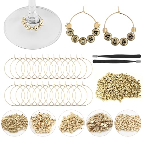 MOMOTONX 60 Set DIY Wine Glass Charms, 1040 Letter Beads 300 Gold Bead Charms 60 Rings for Stem Glasses, Personalized Wine Glass Markers Tags for Wedding Party Decorations (Gold) - style: Gold