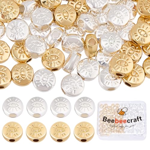 Beebeecraft 1 Box 100Pcs Evil Eye Spacer Beads Real 18K Gold & Sterling Silver Plated Alloy Flat Round Beads for DIY Necklace Jewelry Making - color: Gold, Sliver