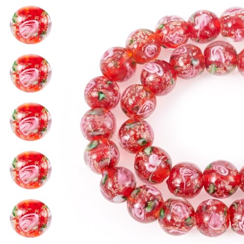 Elecrelive 40Pcs 10mm Flower Glass Beads Gold Sand Lampwork Beads FireBrick Floral Round Crystal for DIY Bracelet Necklace Earring Jewelry Making - color: FireBrick