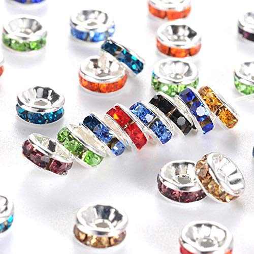 Allb 100Pcs Rondelle Spacer Beads 8mm Silver Plated Czech Crystal Rhinestone for Jewelry Making Loose Beads for Bracelets - color: Mixed, size: 8mm
