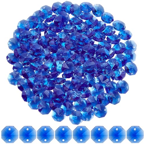 120Pcs 14mm Octagonal Crystal Beads Suncatcher Glass Beads with 2 Hole Dodger Blue Chandelier Replacement Connector Faceted Prism Spacers for DIY Lamp Hanging Ornament Pendant Jewelry Decor - color: Dodger Blue
