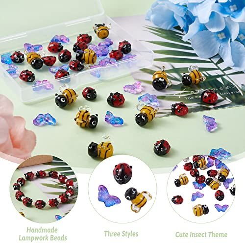 Pandahall 50Pcs Red Ladybug Bees Butterfly Lampwork Glass Beads Set Assorted Handmade Animal Insect Loose Spacer Beads for DIY Jewelry Bracelet Necklace Making (Hole: 1-2mm)
