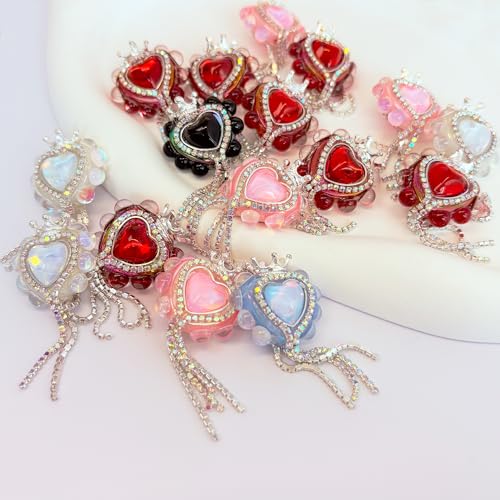 10pcs Rhinestone Focal Beads for Pens, Sparkling Heart-Shaped Designs with Tassels, Fancy Beads for DIY Jewelry Making Keychains Crafts Holiday Decorations - color: Heart-Shape