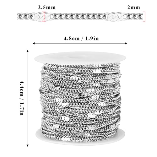 66FT Curb Chains Bulk 2mm Stainless Steel Flat Satellite Curb Link Chains Roll for Jewelry Making - color: Silver long embossed