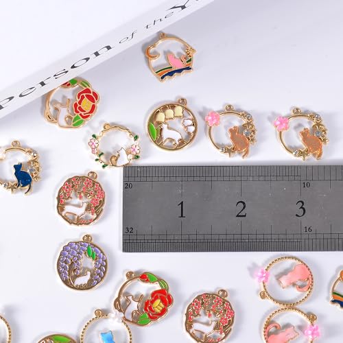 Bulk Gold Enamel Charms for Jewelry Making, Colorful Metal Charms Pendant for Bracelet Necklace and Crafting - color: Cat on Wreath2 White