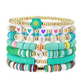 Emibele Colorful Stretch Bracelet Stack Boho Beaded Bracelet Set Heishi Surfer Bracelet Stackable Y2K Trendy Jewelry Friendship Multiple Set Women Fans - style: Green 7pieces