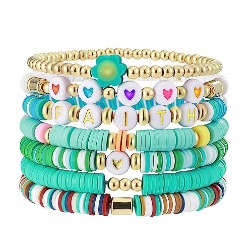 Emibele Colorful Stretch Bracelet Stack Boho Beaded Bracelet Set Heishi Surfer Bracelet Stackable Y2K Trendy Jewelry Friendship Multiple Set Women Fans - style: Green 7pieces