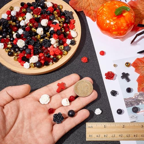 SUNNYCLUE 412Pcs Gothic Skull Beads Black And Red Beads Cross Skeleton Charms Natural Lava Rock Synthetic Turquoise Black Stone Halloween Rose Flower Spacers for Jewelry Making DIY Crafts Gift Holiday