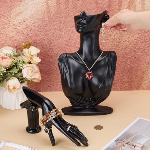 UNICRAFTALE 2pcs Jewelry Mannequin Display Set Black Resin Side Body Model Bust Shaped Jewelrys Necklace Displays Stands with Mannequin Hand Bracelet Necklace Ring Display Stand for Jewelry Displays - color: Black
