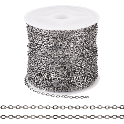 Cheriswelry 32.81Feet/10m Gunmetal Cable Chain Flat Oval Cross Chain Links Brass Coated Iron Curb Chain with Spool 2.5x2x0.3mm for Jewelry Making Necklace Bracelet - color: Gunmetal