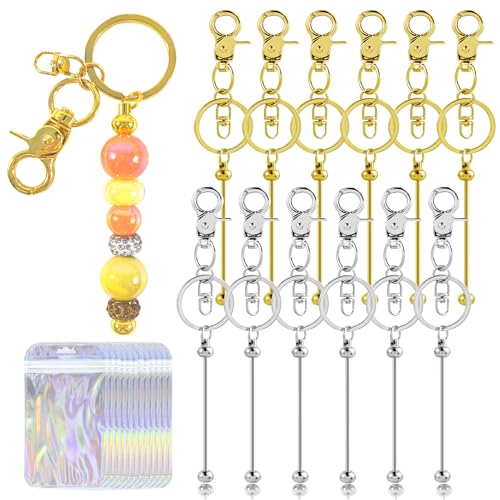 72 Pcs Beadable Keychains Bars bulk - 36 Gold & Silver DIY Metal Beaded Keychain Making Kit + 36 Bags Included, Bead Keychain Supplies,Blank Key Chain, Perfect for Women, Men, Birthday Gift - color: Gold + Silver, size: 36