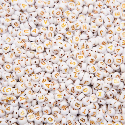 1000pcs 4x7mm Letter Beads, Acrylic Alphabet Beads A-Z Round Letter Beads for Friendship Bracelets Necklaces DIY Crafts Gifts Jewelry Making (White Gold) - color: White