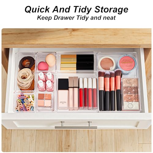 SMARTAKE 7-Piece Drawer Organizer with Non-Slip Silicone Pads, 4-Size Desk Drawer Organizer Trays Storage Tray for Makeup, Jewelries, Utensils in Bedroom Dresser, Office and Kitchen (Clear) - style: 7 PCS