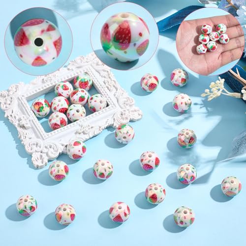SUNNYCLUE 1 Box 30Pcs Acrylic Strawberry Beads 16mm Chunky Bubblegum Beads Bulk Fruit Printed Round Gum Ball Loose Spacers for Jewelry Making Necklaces Bracelets Earrings Beadable Pens Adults