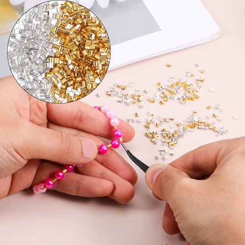 1000 Pcs Crimp Tube Beads for Jewelry Making, 2x2 mm Gold and Silver Round Crimp Beads, Plated Brass Tube Bead, Crimping Bead, Column Stoppers to Secure The Ends of Jewelry Strings, DIY Bracelet
