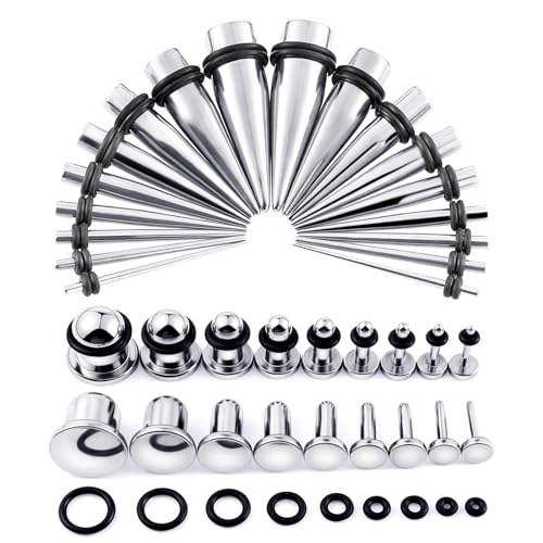 Longbeauty 14G-00G 36pcs Ear Gauges Stretching Kit Surgical Steel Tapers for Ears Gauge Starter Kits Single Flat Top Gauges Plugs for Women Men - color: Silver
