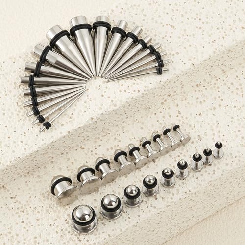 Longbeauty 14G-00G 36pcs Ear Gauges Stretching Kit Surgical Steel Tapers for Ears Gauge Starter Kits Single Flat Top Gauges Plugs for Women Men - color: Silver