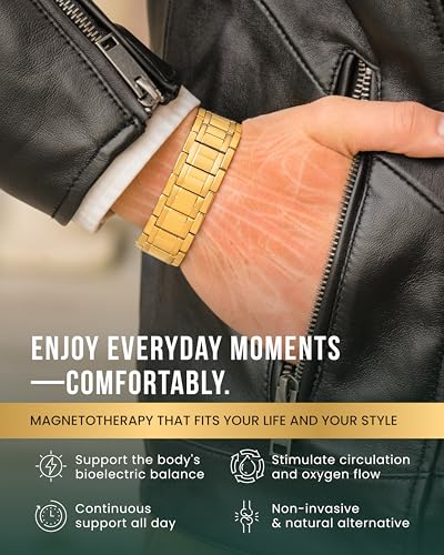 MagnetRX® 3x Strength Magnetic Bracelets for Men – Effective Magnetic Mens Titanium Bracelet – Premium Fold–over Clasp & Adjustable Length with Sizing Tool & Gift Box (Gold) - color: Gold (3X Strength)