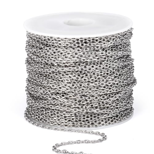 66 Feet Stainless Steel Rolo Cable Chain Bulk, 2mm 304 Stainless Steel Diamond-Cut Oval Rolo Cable Link Chains Roll Spool for Jewelry Making - color: Stainless Steel, size: 2.0mm width