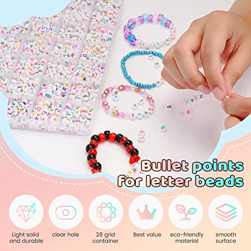 FZIIVQU 1400 Pcs Letter Beads Kit, 28 Styles White Acrylic Alphabet Beads Letter Beads for Jewelry Making wiht Number Beads Heart Beads Friendship Bracelet Kit - color: Colour Letter & White Base, size: 4*7mm