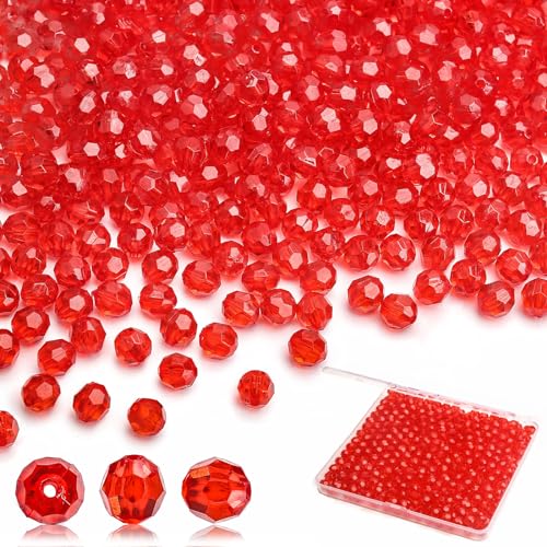 BONNY BOXX 1000pcs 6mm Acrylic Faceted Round Crystal Beads Transparent Red Loose Spacer Craft Beads for DIY Bracelet Necklace Earring Keychain Jewelry Making Bags Decoration - color: Round-Red, size: 6MM