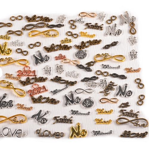 stino Metal Charms for Jewelry Making 100gram, Bulk Tibetan Silver & Gold Plated Trinkets for Earring Necklace Jewelry Making and Findings - color: Words Silver & Gold