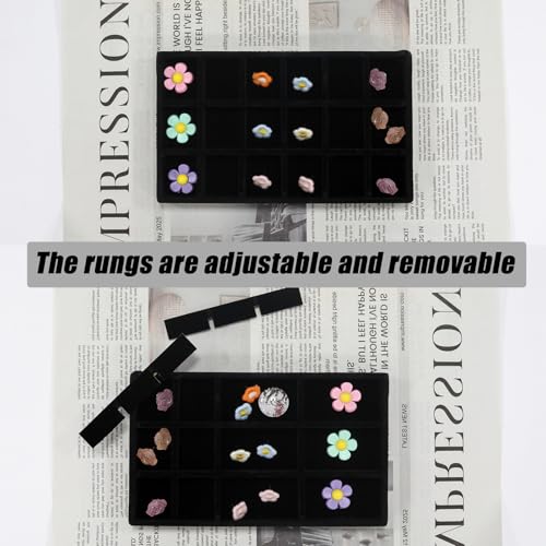 Velvet Jewelry Organizer Trays Black Stackable Jewelry Storage Display Tray with Removable Dividers, 18 Grids - color: Black