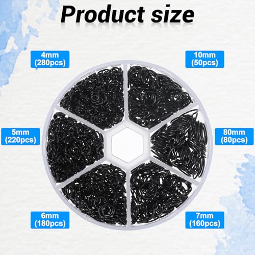 Qianyu 970Pcs Black Open Jump Rings Set - Assorted Sizes 4/5/6/7/8/10mm Chainmail Rings for Jewelry Making Bracelet Earrings Repair
