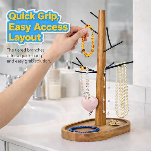 Creative Home Acacia Wood, Metal Tree Holder Stand│ Natural Wood & Black Branch Holder for Mugs, Jewelry & Accessories │ Stylish Kitchen or Vanity Organizer Gift