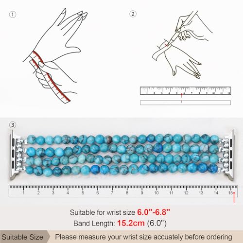 Newlibery Natural Stone Bracelet Beaded-Band Women Compatible with Apple Watch 42mm(S3/2/1) 44/45/46/49mm Feminine Handmade Stretch Strap for iWatch Series 11/10/9/8/7/6/5/4/3/2/1 SE 3/2/1 Ultra1/2/3 - color: B3 Blue Green, size: 46(S10/11)/49/45/44/42mm(