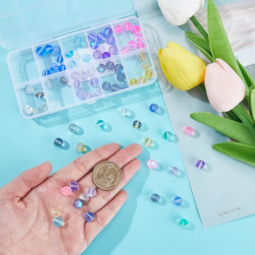 1 Box 100Pcs 8mm Moonstone Glass Bead Bulk Matte Crystal Beads Frosted Colorful Mermaid Round Glitter Shiny Aurora Loose Spacer for Bracelets Jewelry Making DIY Crafts Supplies