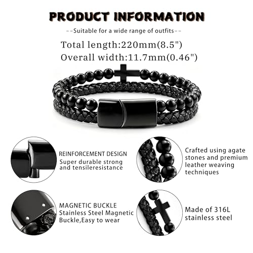 Mens Bracelet Fathers Gifts Day Black Braided Leather Stainless Steel Cross Jewelry Charming Bracelet Embedded with Black Agate Beads,Perfect for Wedding, Parties, and Everyday,Bible Verse Christian Religious Gift(7.5/8.5/9 Inch) - color: E+black+8.5