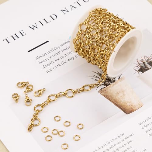 SMYHTGLIF 6.5 Feet Unwelded Round Circle Bulk Rolo Chain for Jewelry Making Gold Plated Stainless Steel Jewelry Making Chain Supplies with Lobster Clasps and Open Jump Rings - color: Circle Gold