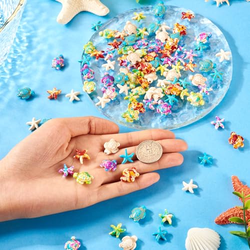 Boutigem 100Pcs Starfish Turtle Beads Turquoise Loose Spacer Beads Summer Ocean Loose Beads 10 Style 13.5-18mm for DIY Earring Bracelet Necklace Keychain Jewelry Making - color: Mixed Color