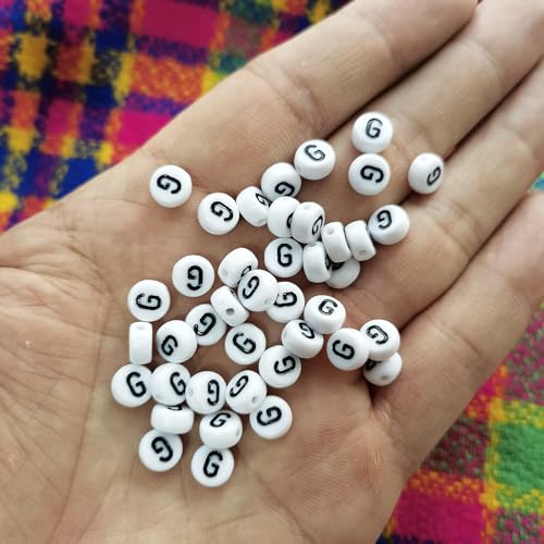 Amaney 100pcs G Letter Beads 7x4mm White Round Acrylic Black Alphabet for Bracelet Jewelry Making - color: G