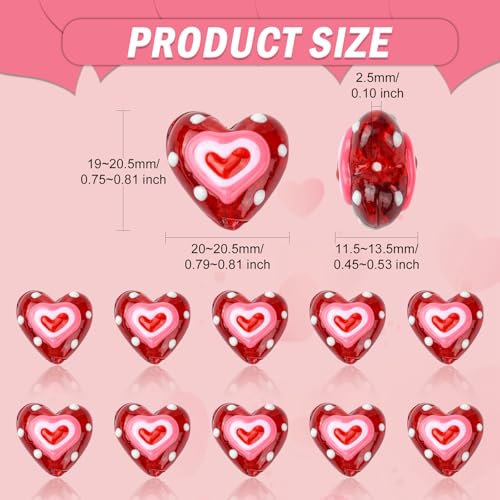DanLingJewelry 10Pcs Handmade Lampwork Glass Red Heart Beads Colorful Bumpy Glass Heart Loose Beads for DIY Jewelry Making Craft - color: Red