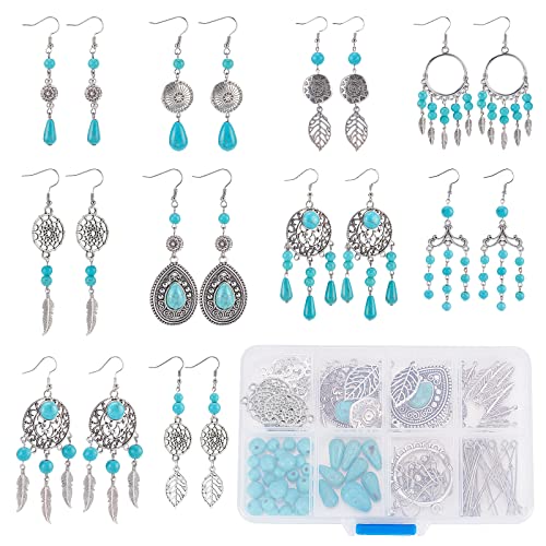 SUNNYCLUE 1 Box DIY 10 Pairs Vintage Style Chandelier Charms Hollow Leaf Charm Earring Making Kit Synthetic Turquoise Beads Feather Charms for Jewelry Making Flower Shape Teardrop Charm Adult Craft - color: Chandelier Bohemian Style C