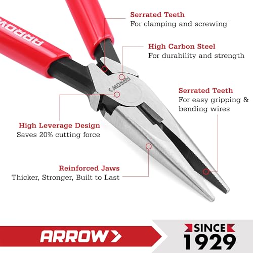 ARROW 6" High Leverage Needle Nose Pliers with Side Cutters, Long Nose Pliers for Gripping, Wire Bending, Cutting - size: 6 INCH